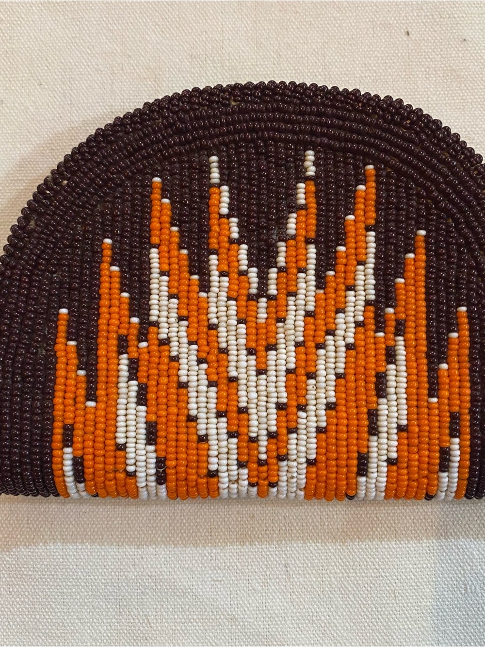 Vintage Hand-Beaded Half-Moon Clutch in Black, Orange & White
